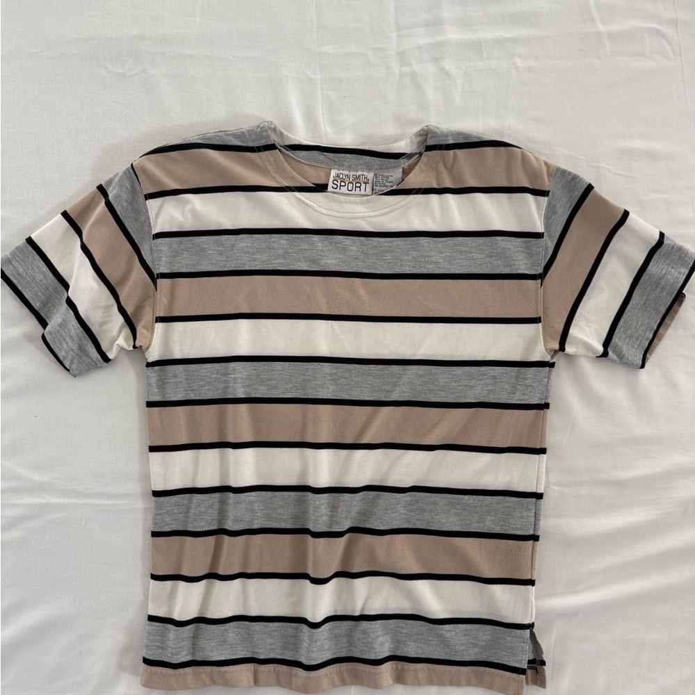 Jaclyn Smith Sport Gray Tan Ivory Black Striped Knit T-Shirt Size Small